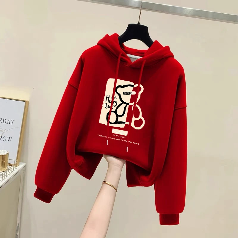 设计感小众秋冬新款2026加绒套头红色连帽卫衣女短款宽松韩版外套