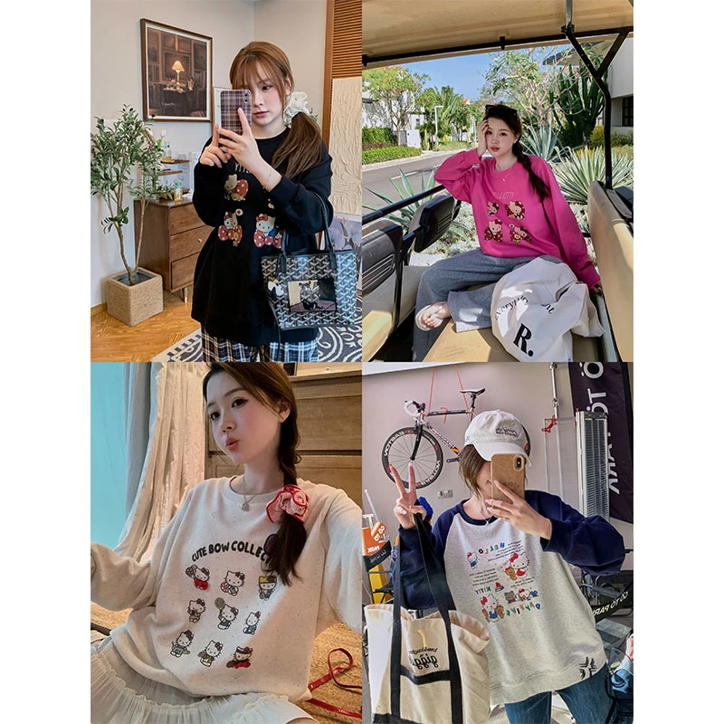 马西西大码女装Kitty印花圆领卫衣春季胖mm宽松休闲减龄正肩上衣