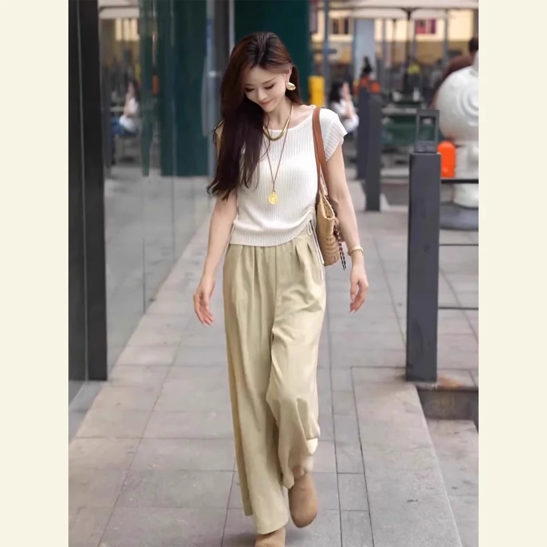 巨好看的夏天穿搭一整套休闲慵懒显瘦修身t恤卡其色阔腿裤两件套