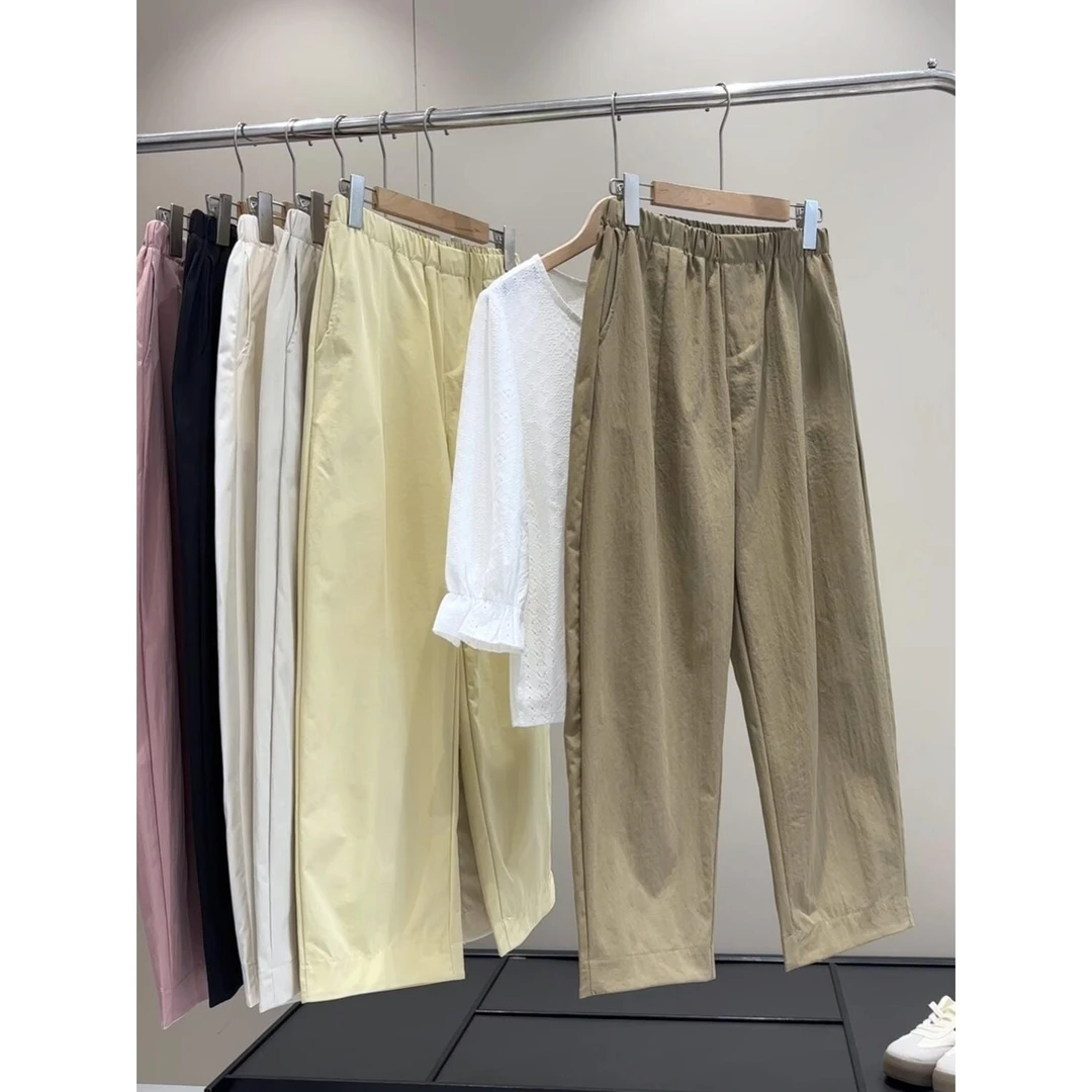 2221春夏多巴胺薄料子可折叠脚口撞色直筒九分裤休闲女裤子