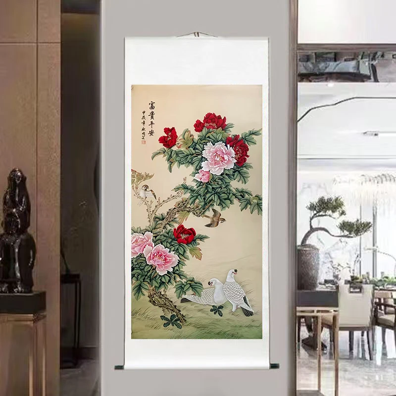 传统挂画-《富贵平安》-四尺竖幅-玄关-花鸟挂画