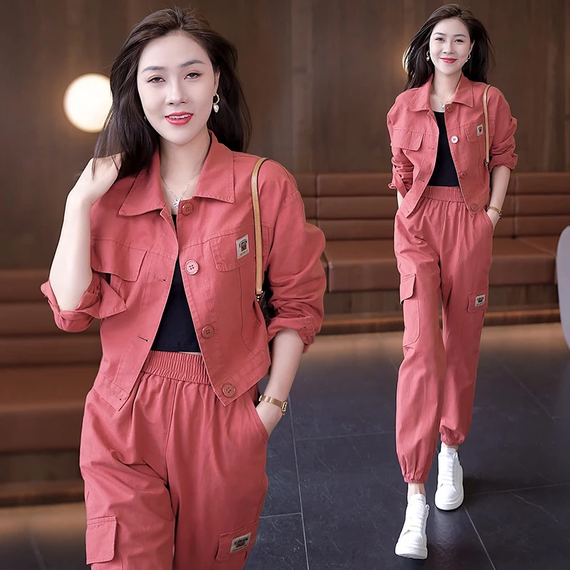 极简风时尚套装女2025秋季新款减龄韩版短外套哈伦裤工装两件套潮