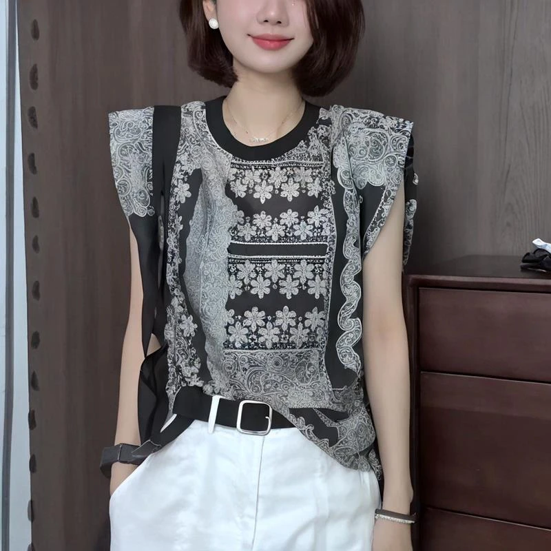 VOCKOO官方欧货时尚圆领潮流印花设计感无袖T恤女2025夏季新款洋