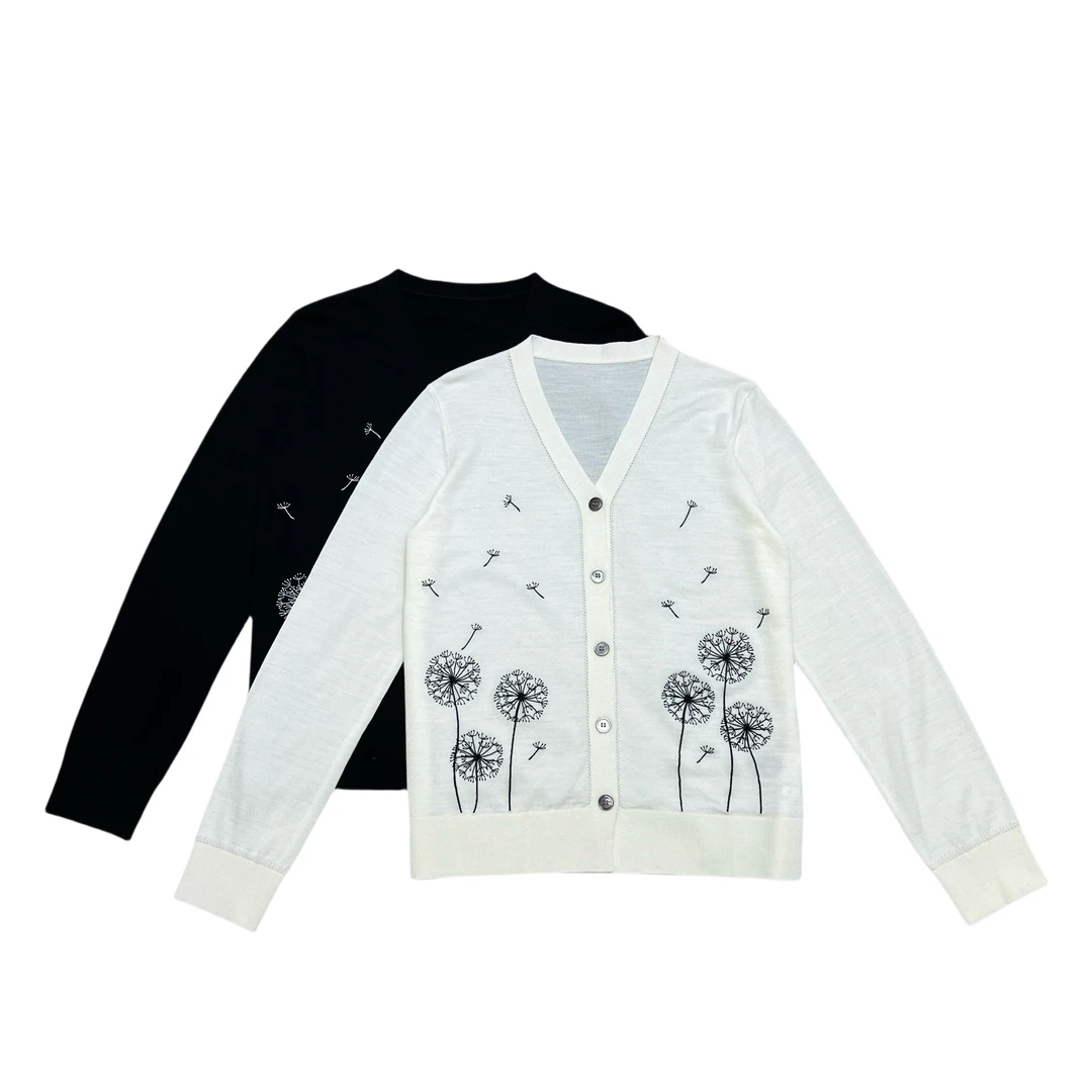 【臻雅】“蒲公英”V领常规袖毛针织衫秋冬提花时尚上衣秋季开衫