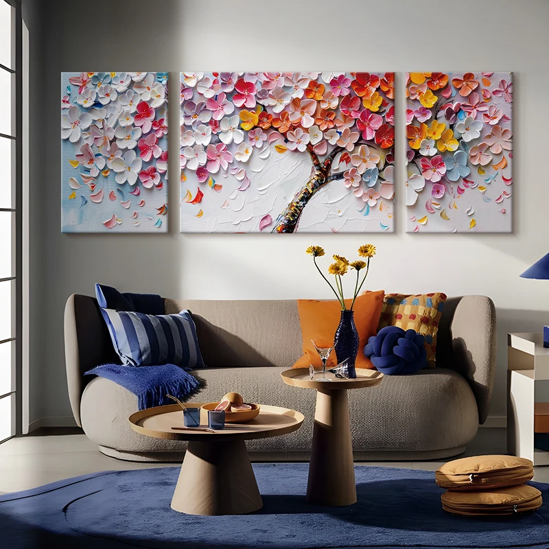 【盈浩】三联无框手绘油画招财树文艺轻奢装饰画客厅挂画沙发背景