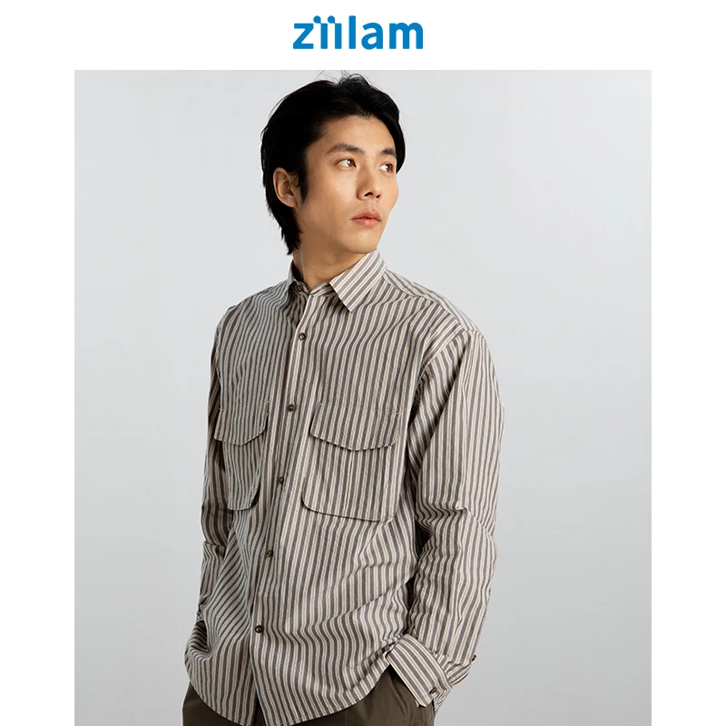 ziilam枝蓝 宽松条纹工装衬衫男款翻领长袖衬衣纯棉2025春夏新款