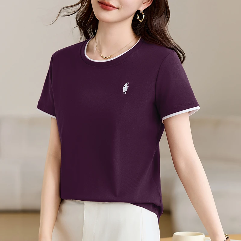 【精梳长绒棉拼接短袖】夏季t恤女修身显瘦圆领半袖时尚百搭上衣潮