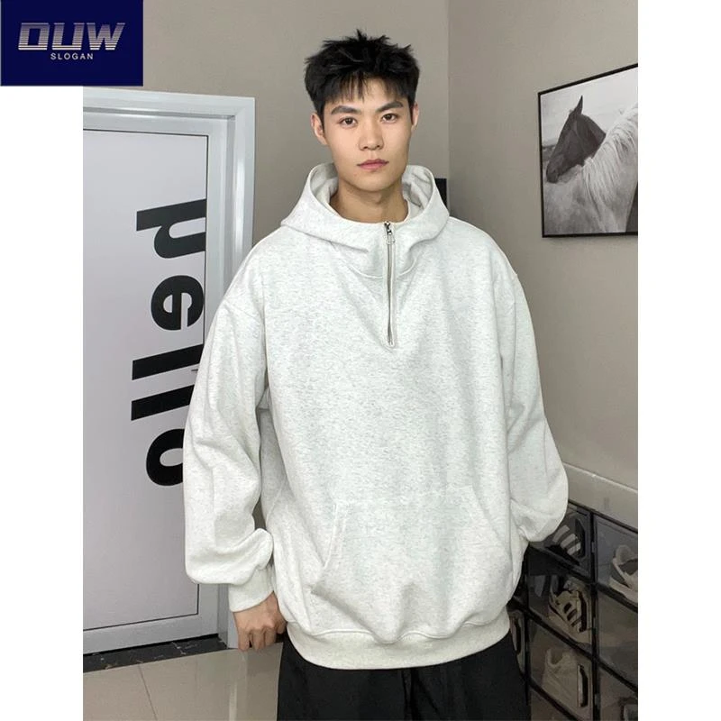 O.U.W白花灰色半拉链卫衣男士初秋美式重磅硬挺连帽衫穿搭外套ins