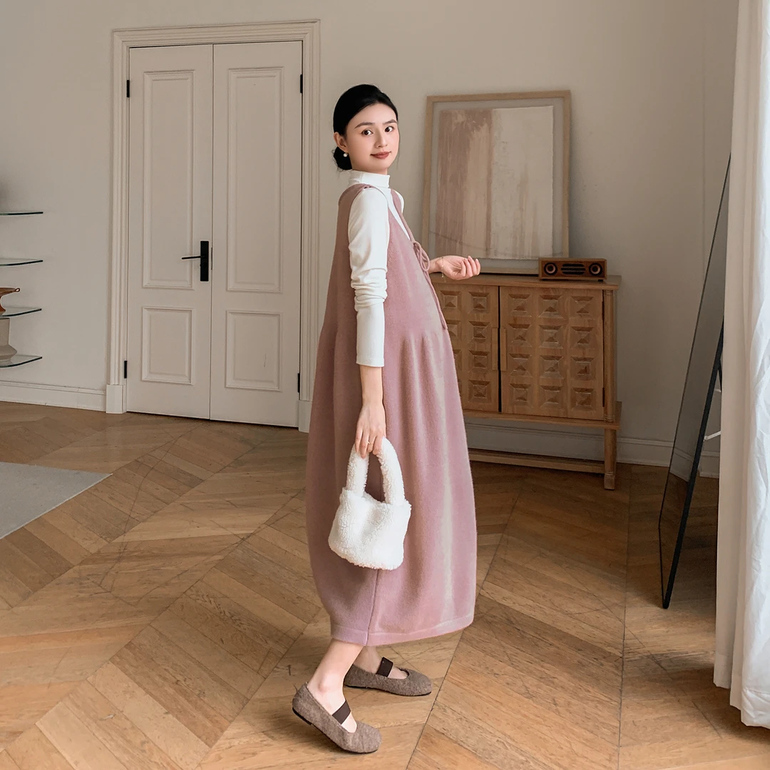 ZMA孕妇装【U领系带背心裙套装】秋冬新款香芋紫针织背心裙连衣裙