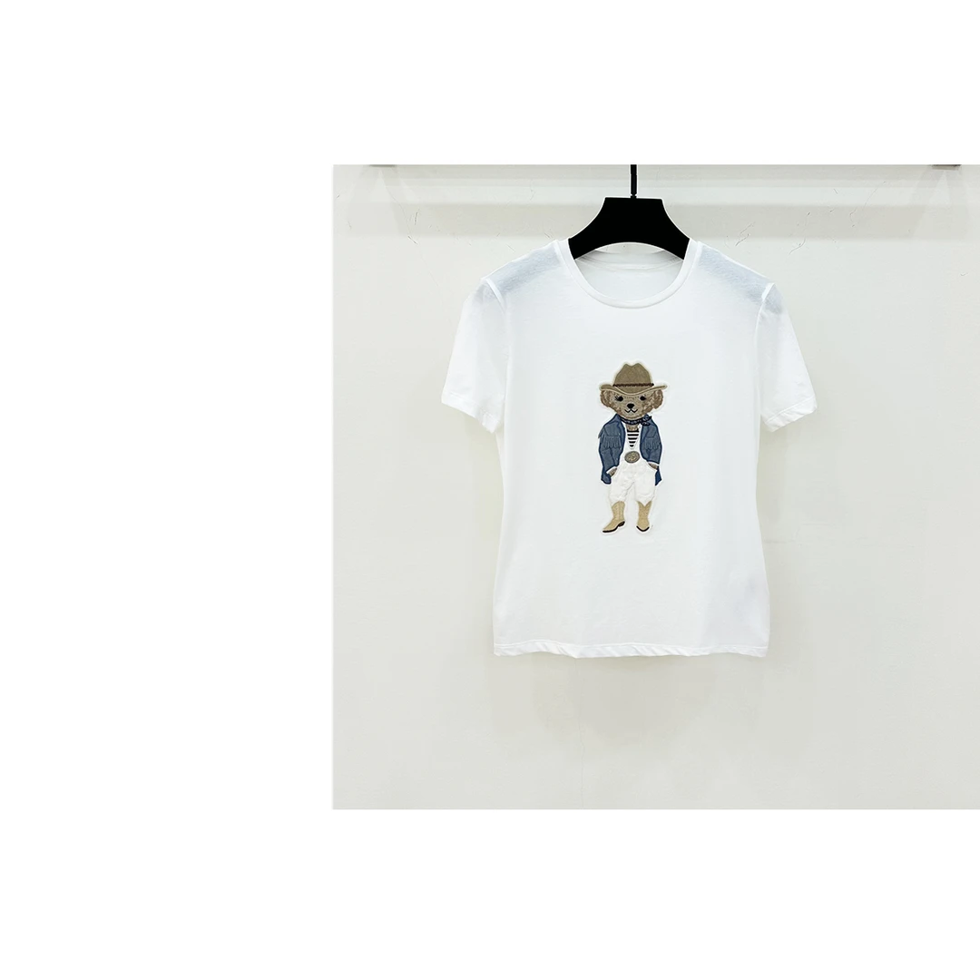 【西西高定】夏日新款圆领短袖小熊刺绣T恤上衣