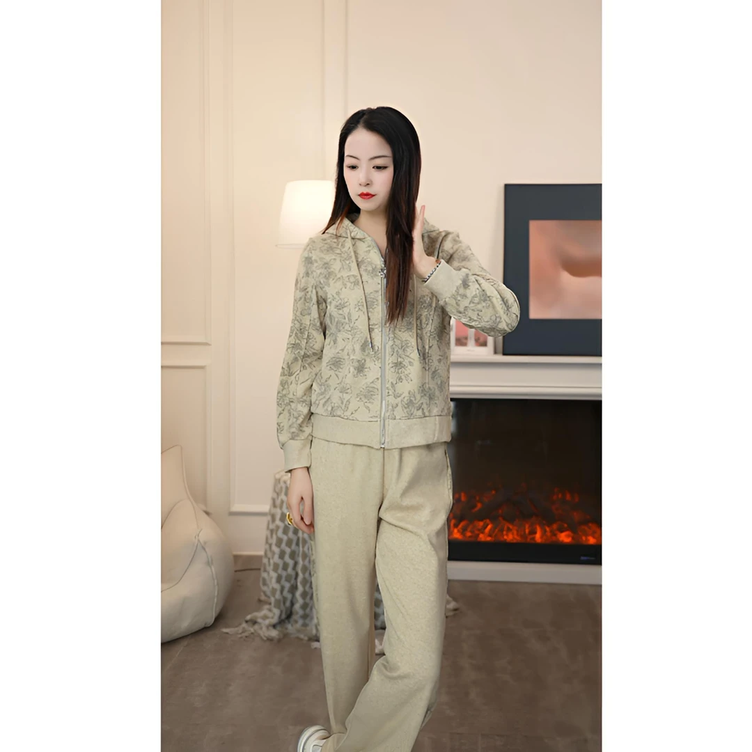 2026春季质感拉满浅米花纹连帽套装暗纹设计简约拉链时尚休闲