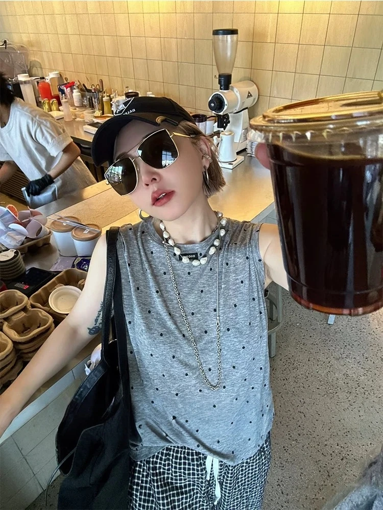 现货【OI波点背心】 无袖短款韩式波点面膜宽松背心