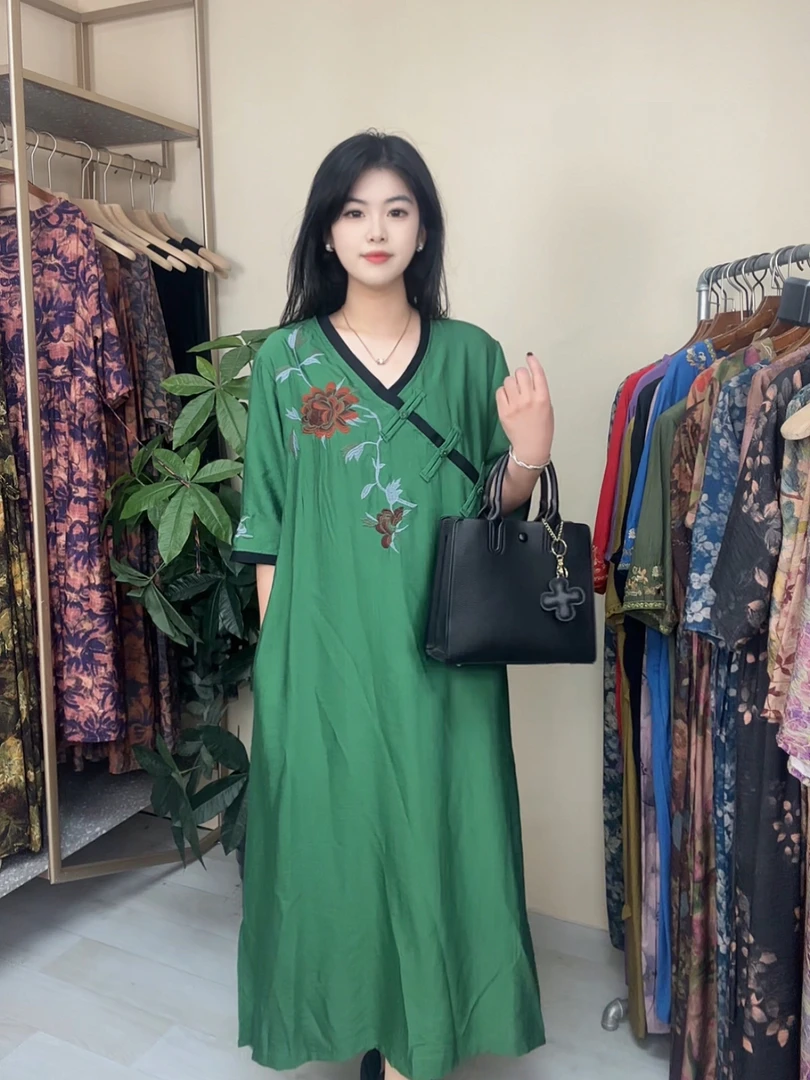 【ZYR】原创复古印花高级连衣裙女高端品质轻薄宽松大码长裙8803
