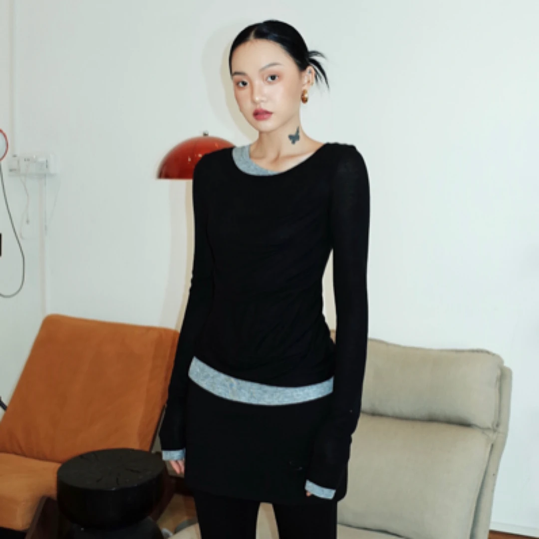 双层撞色捏褶气质打底衫 修身线条上衣 设计师品牌Senseaweek