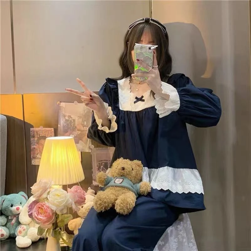 大码宫廷风睡衣女春秋棉蕾丝花边甜美蝴蝶结方领公主韩国家居服
