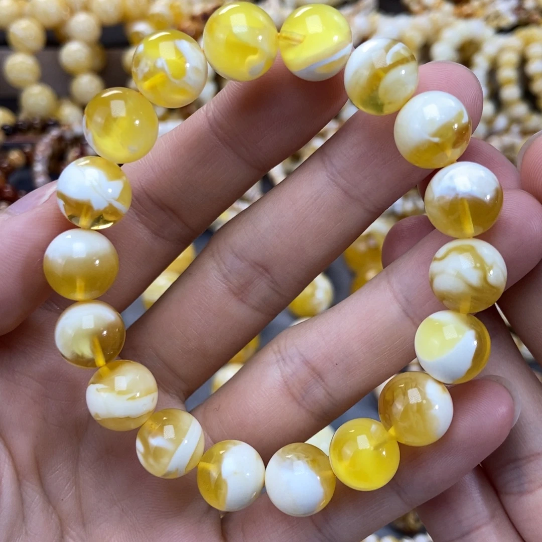 琥珀未镶嵌手链11.8mm金漆白溶洞手串