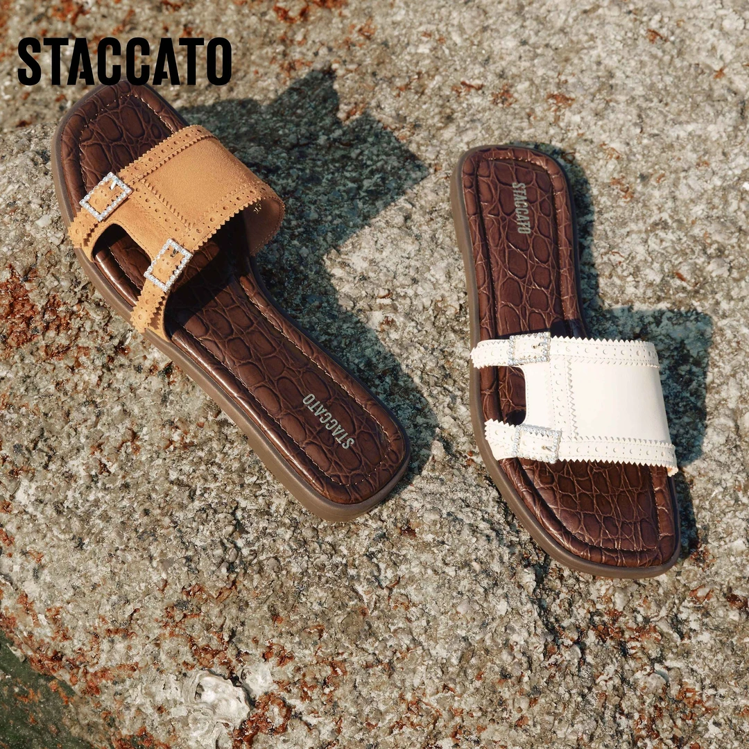 思加图2025夏季新款胡桃圆舞曲凉拖鞋平底鞋一字拖女凉鞋EEQ10BT5