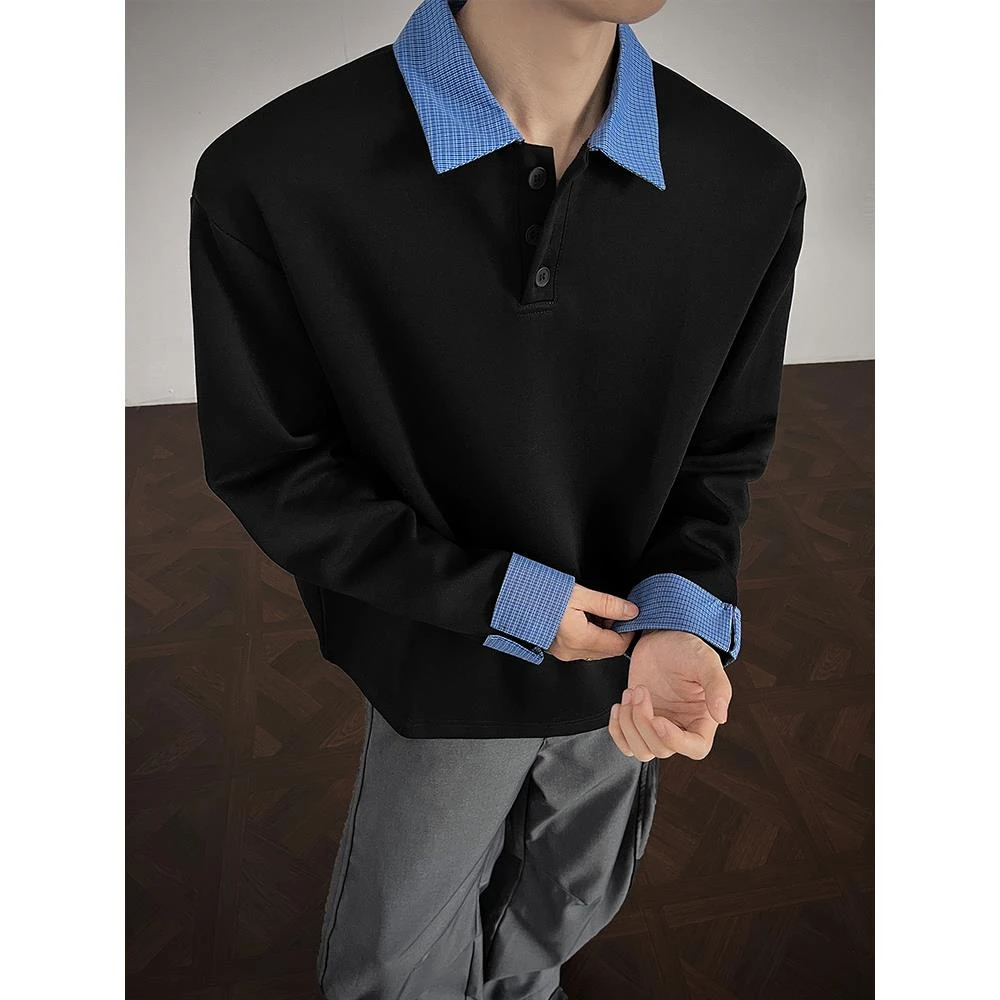 黑色假两件polo衫长袖t恤男秋季cleanfit美式正肩卫衣内搭打底衫
