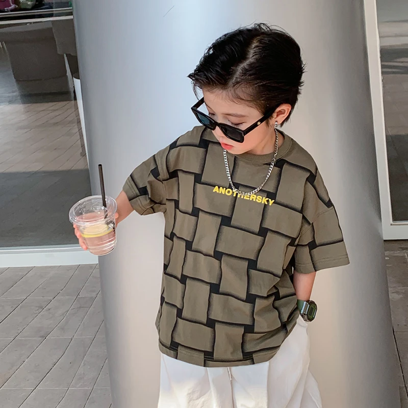 男童夏季短袖T恤2025新款韩式潮流酷帅儿童夏装格子半袖打底衫