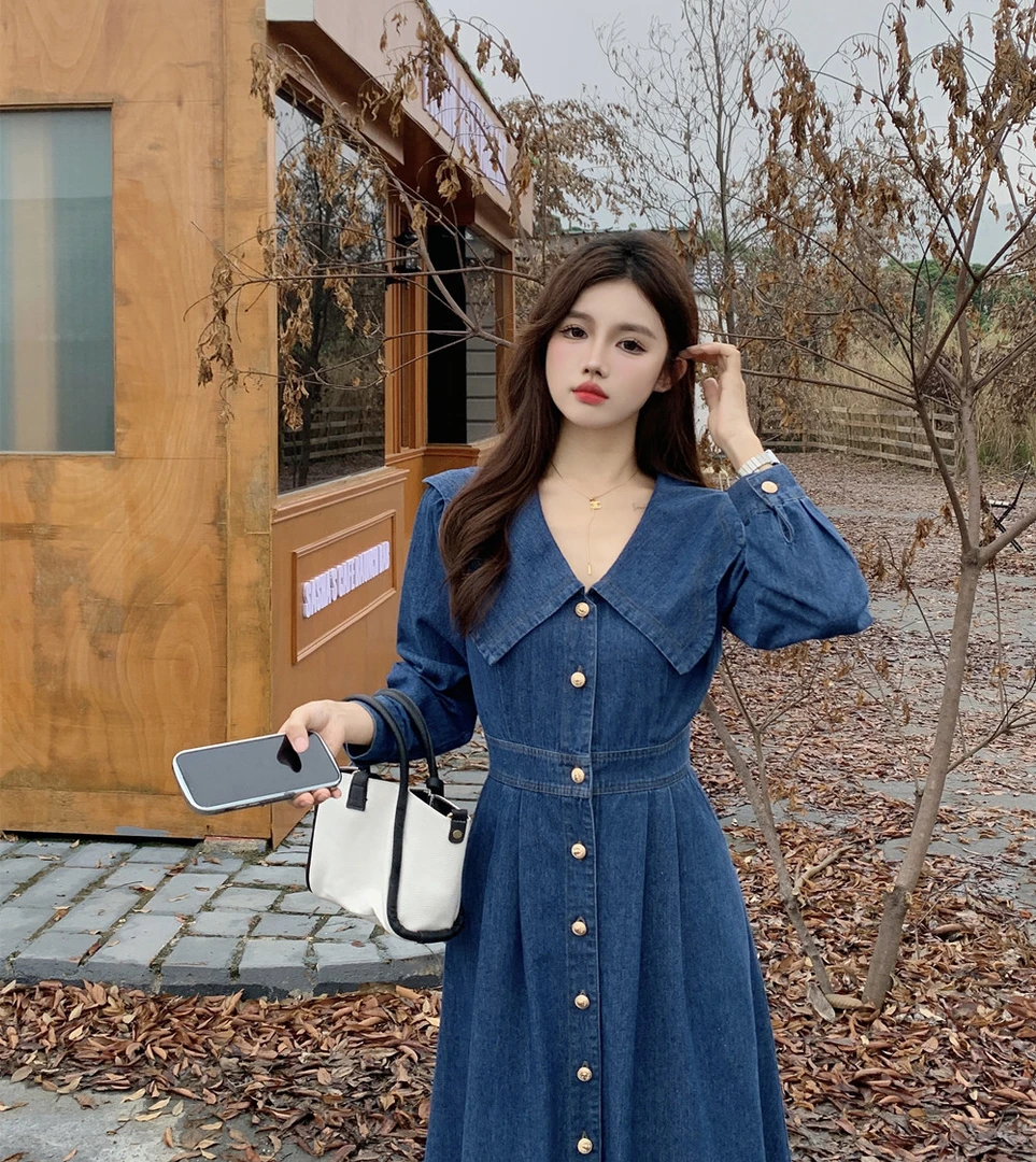 大码女装胖MM收腰显瘦长袖牛仔连衣裙简约韩版A字裙秋冬9102