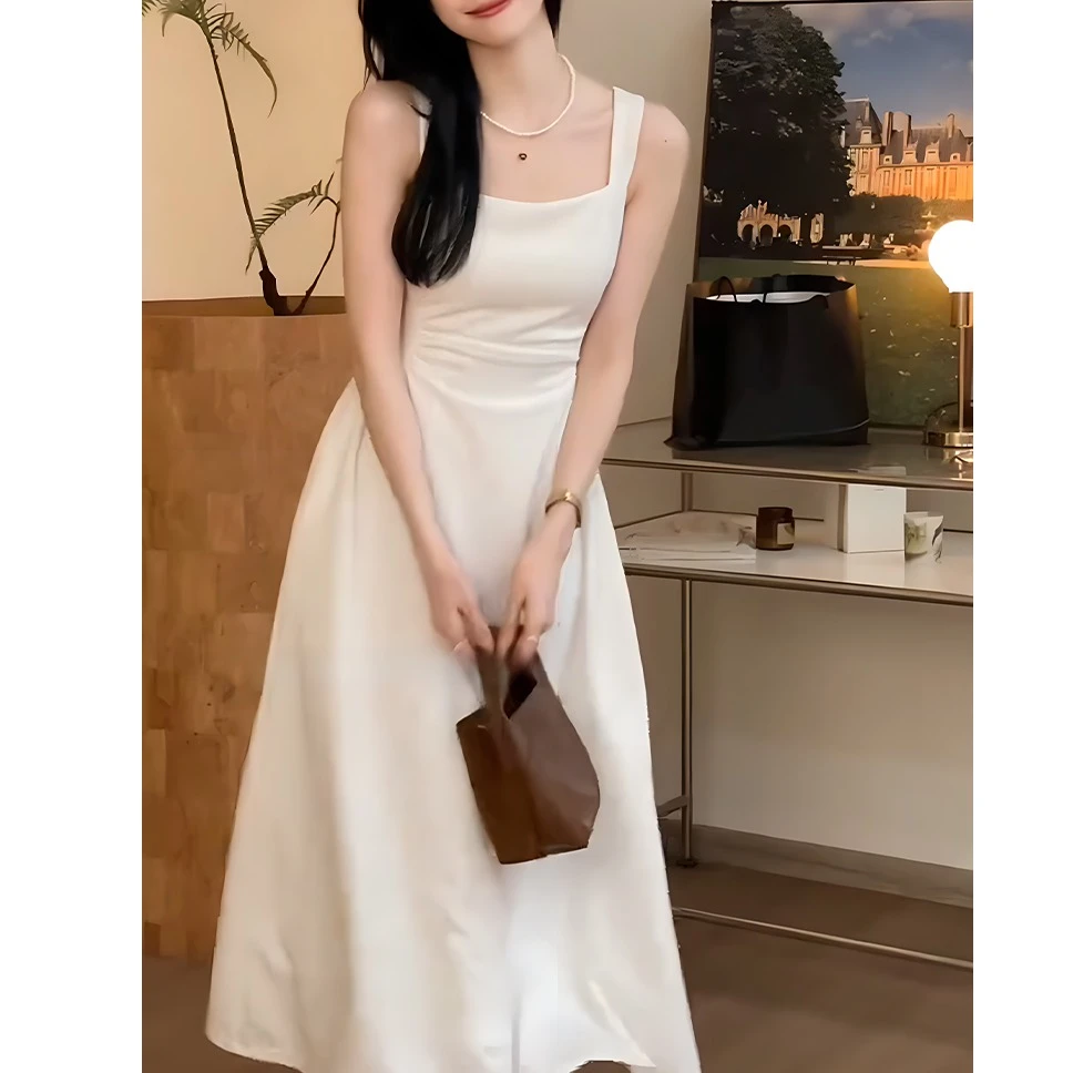 【198】法式复古方领吊带连衣裙女夏季韩版气质轻熟风a字长裙子