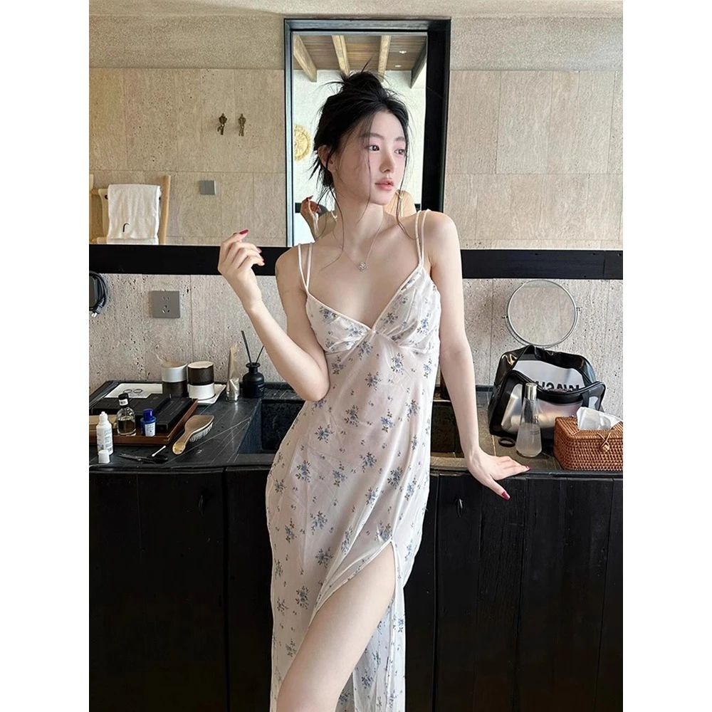 【甜美纯欲碎花】甜美碎花开叉连衣睡裙女夏季2025新款时尚居家长裙