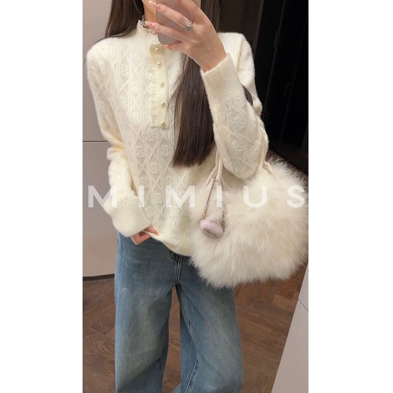 【mimius】P 羊毛钩花蕾丝花边拼接半高领毛衣 WG11017