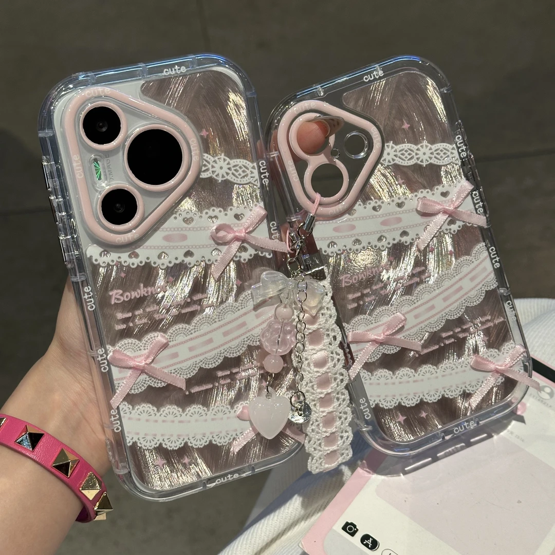 夕与空蕾丝粉蝴蝶挂绳适用苹果16promax手机壳华为vivo小米15oppo