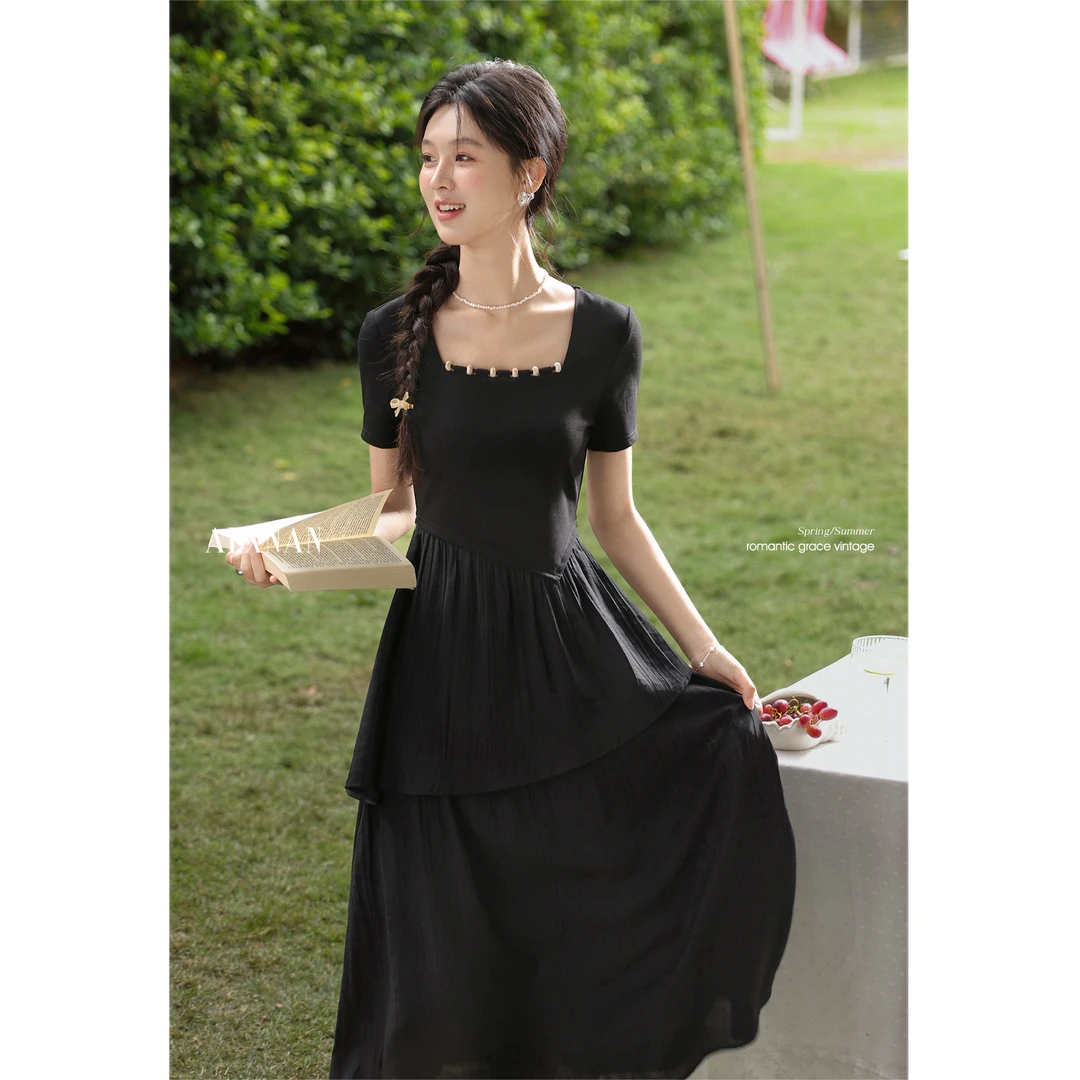 【品牌撤柜款ZB】」新款通勤气质黑色短袖方领连衣裙显瘦长裙L53806