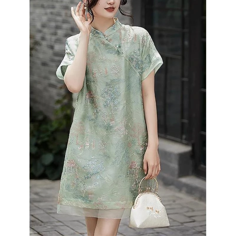 夏季国风仿桑蚕丝欧根纱重工绣花新中式旗袍连衣裙