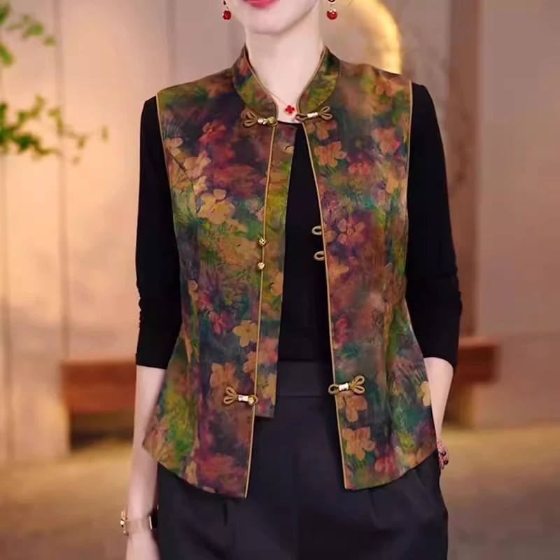 中老年妈妈印花马甲新中式国风秋夏外穿减龄时尚马夹宽松外套女