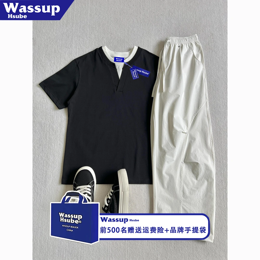 WASSUP HSUBE美式高街风假两件短袖T恤男女夏季纯棉休闲纯色上衣