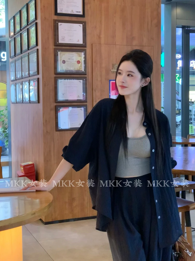 法式棉麻衬衫女套装夏季时尚气质老钱风弛感休闲宽松阔腿裤两件套