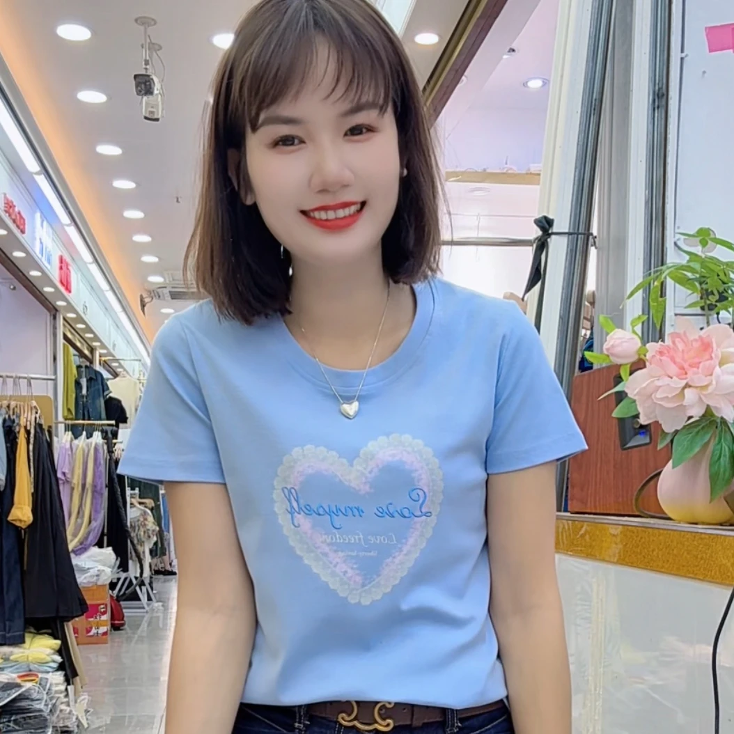 0302款印花渐变爱心短袖修身洋气百搭圆领潮流休闲夏季时尚气质