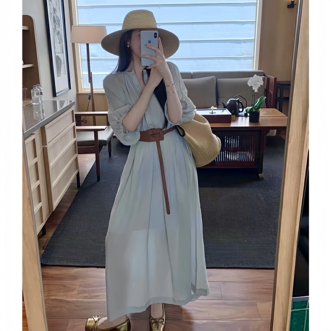 2025新款设计感海边度假风气质连衣裙＋内搭背心+腰带三件套A1285