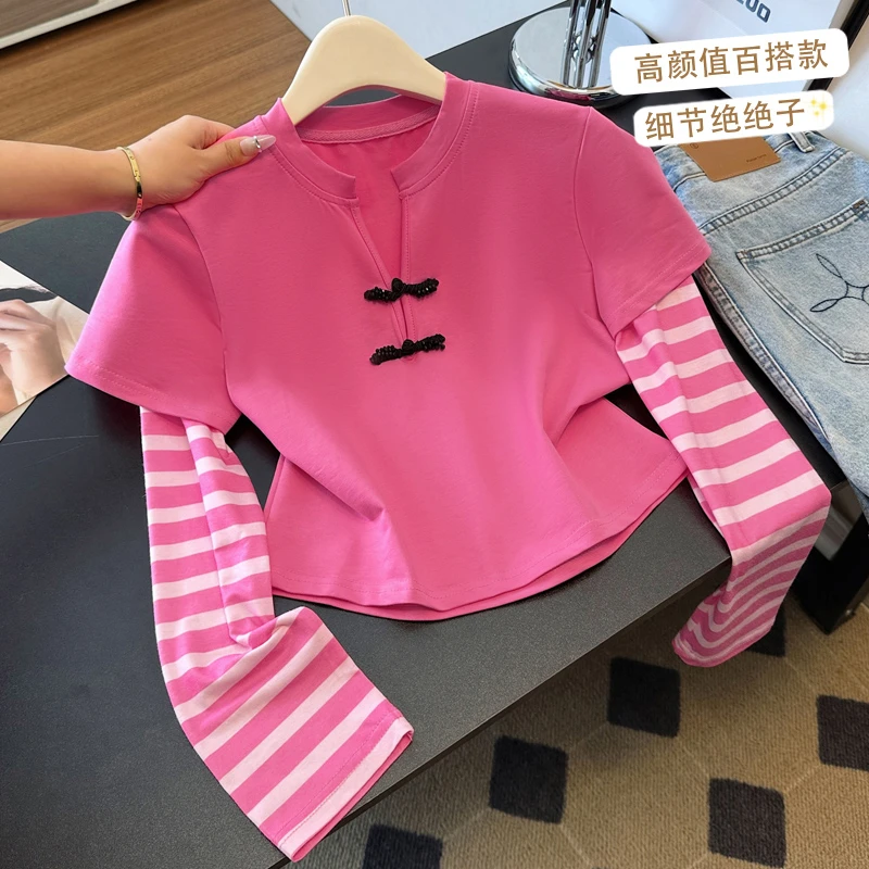 多巴胺穿搭玫红色拼接条纹长袖假两件T恤女2025秋季新款洋气上衣