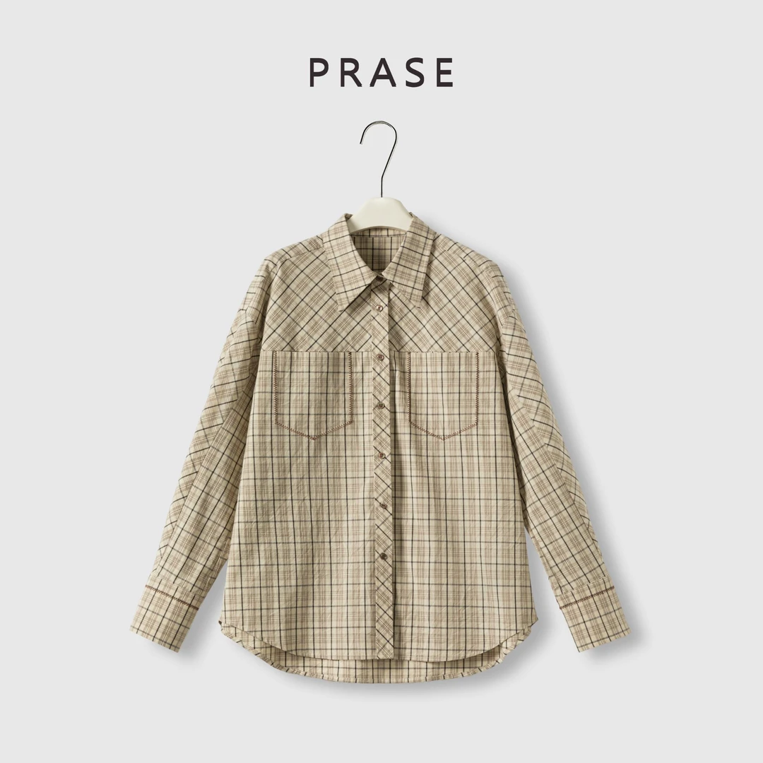 PRASE·噜【咖啡时光】100棉微胖轻奢设计款秋复古格纹衬衫PR508S08