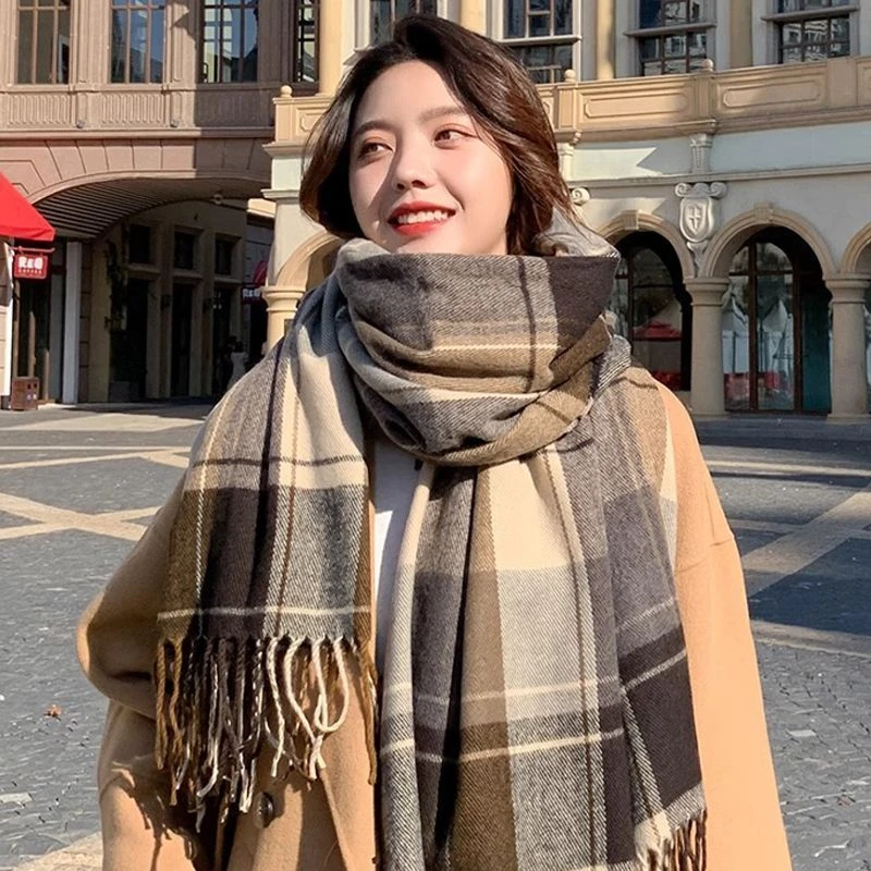 4308-新款美拉德围巾女秋冬季韩版百搭高级格子情侣围脖男保暖