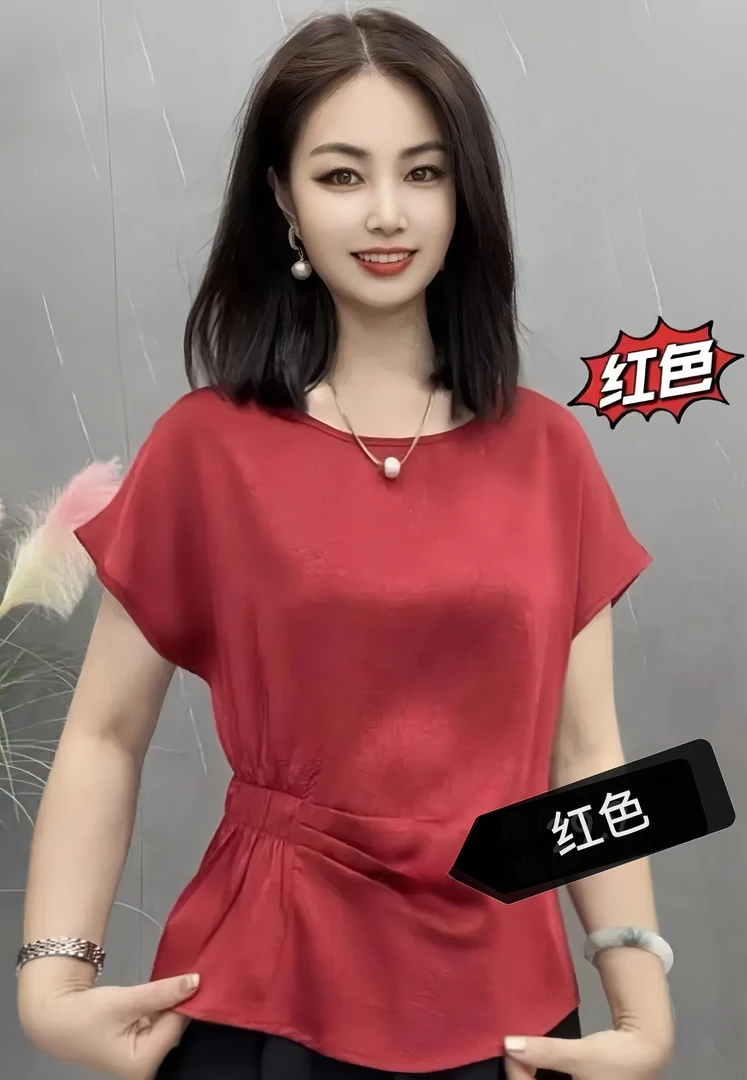 女装夏季短袖圆领衬衫气质百搭收腰上衣不规则衬衣