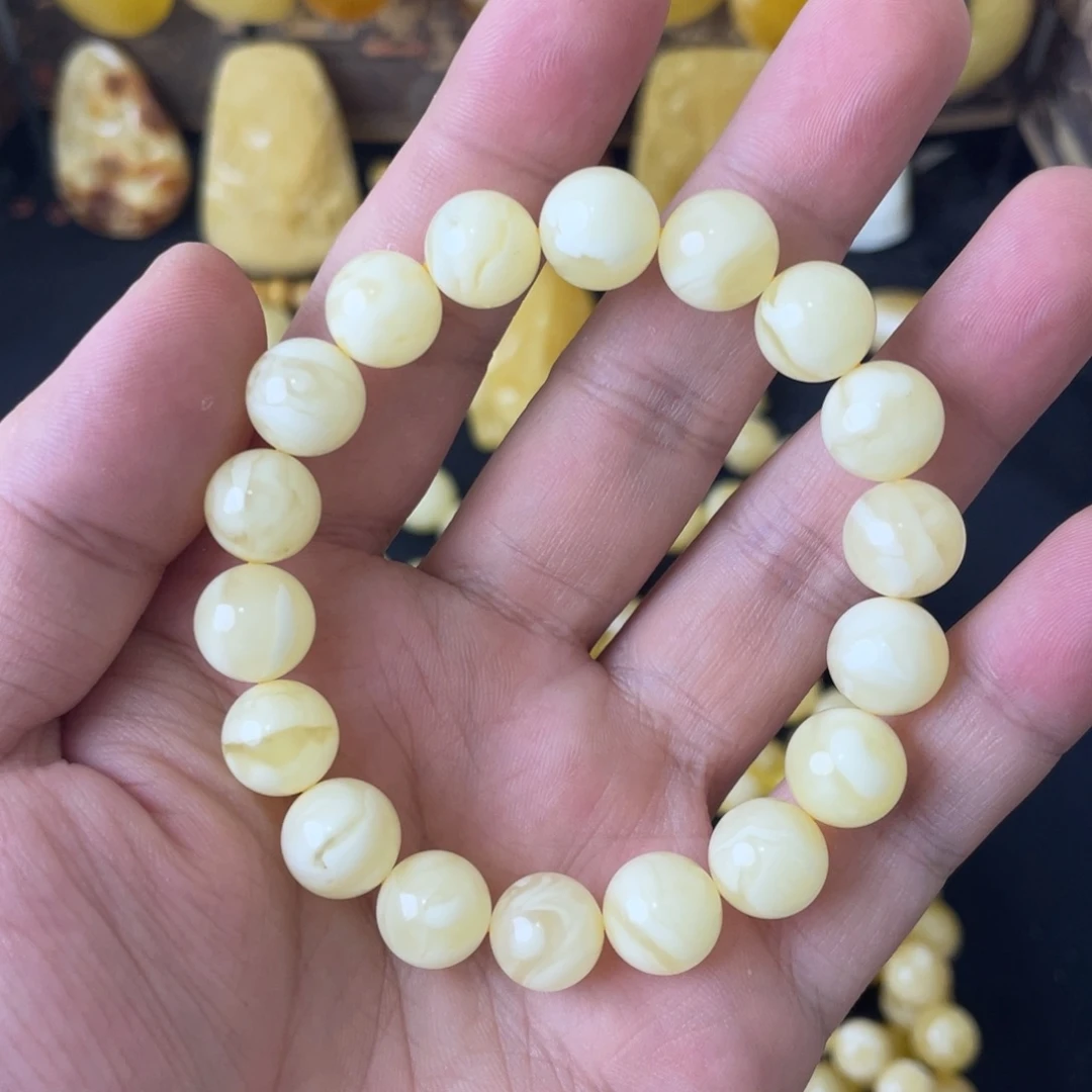 琥珀未镶嵌手串11+妖白花圆珠手串