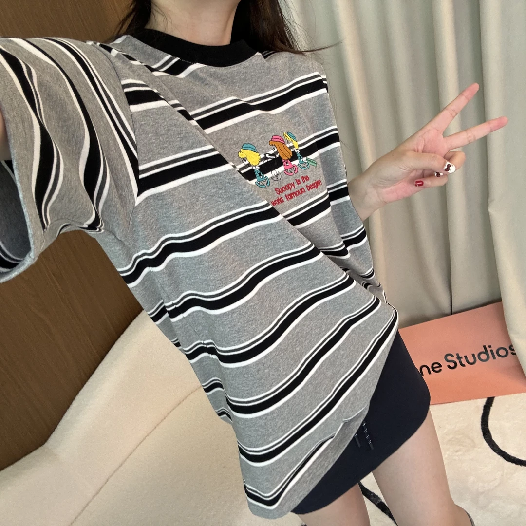 韩哈尼新品条纹卡通刺绣圆领短袖T恤纯棉时尚