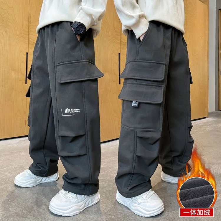 冬季中大男童加绒工装裤冬装童装儿童裤子男孩一体绒休闲裤宽松潮