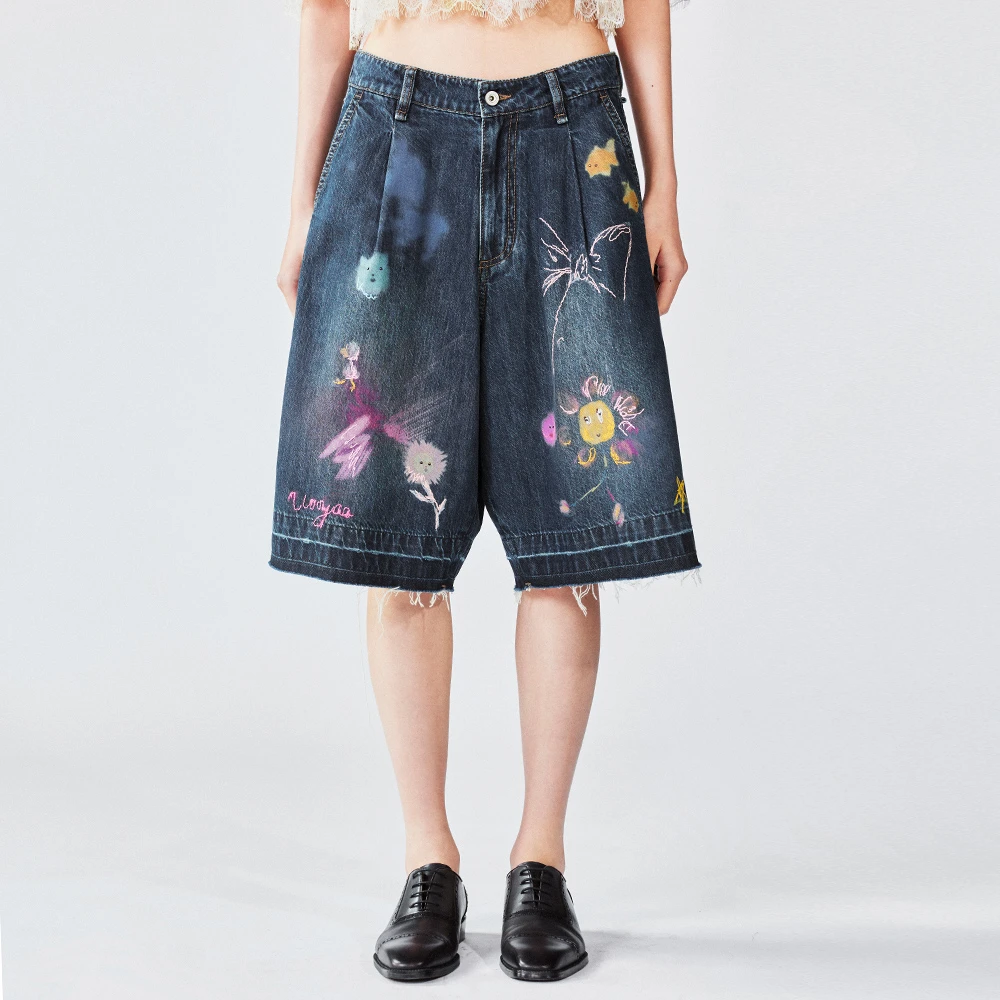 UOOYAA/乌丫2025夏季新款「白日梦」手绘梦境牛仔中裤 4174