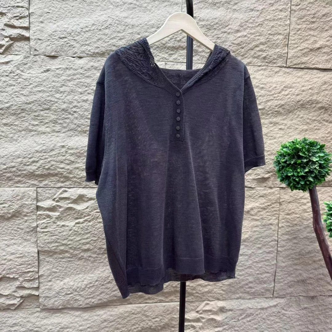 11333新款夏季李文艺时尚气质百搭显瘦连帽针织短袖T恤