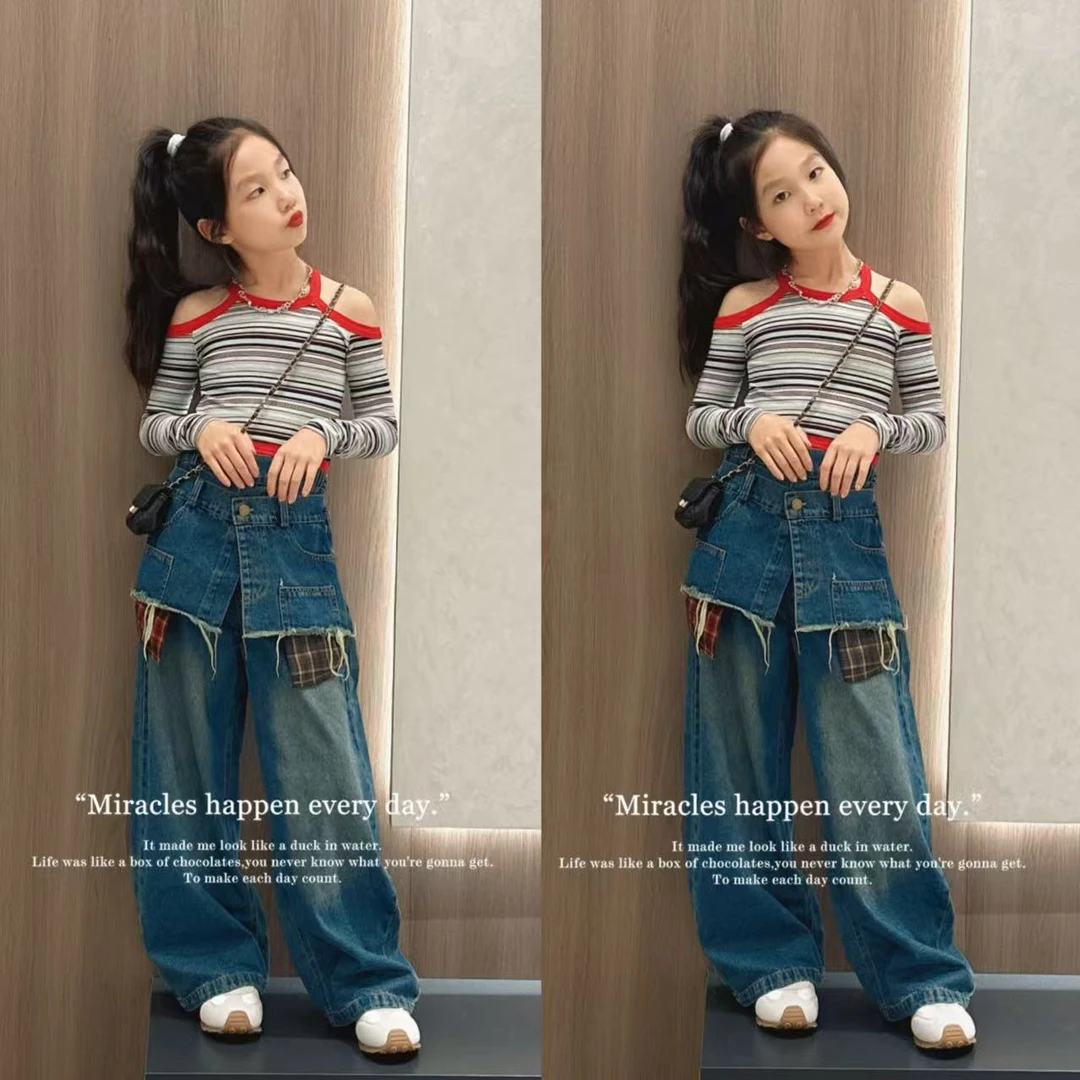 女童秋装套装2025新款中大童时髦牛仔裤春秋季网红露肩上衣两件套