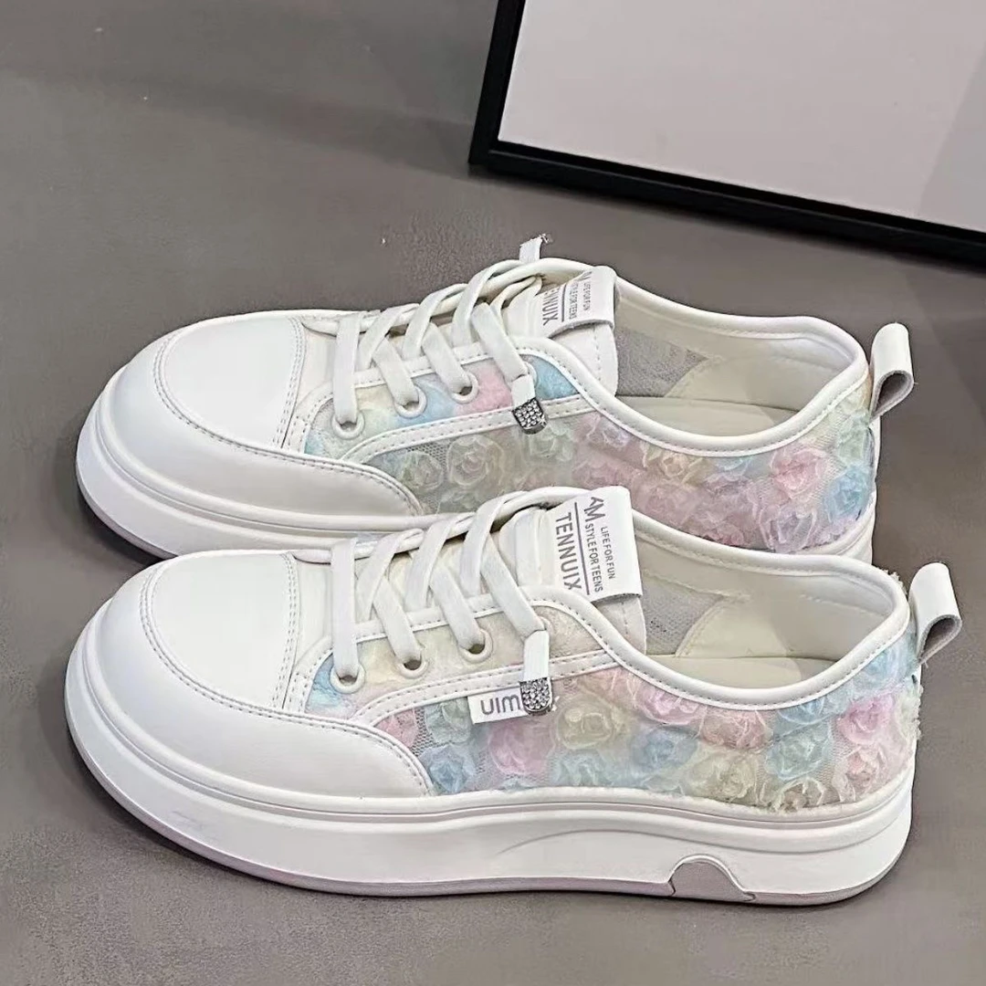 【玫瑰花】2025夏新款韩版厚底网纱彩色花朵小白鞋百搭休闲板鞋
