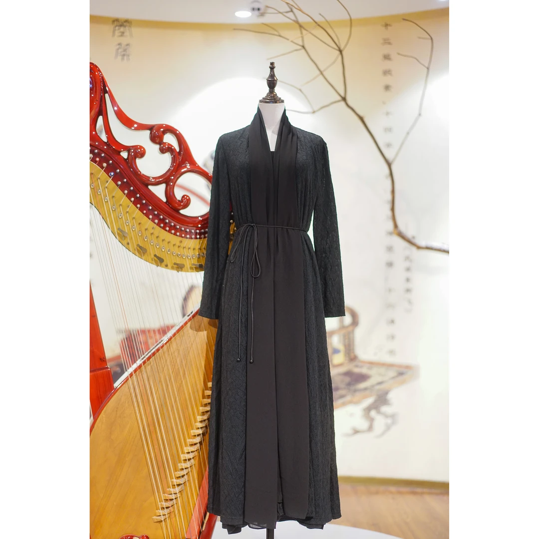 【夜澜纱】秋季黑色拼接气质优雅国风长款显瘦外披