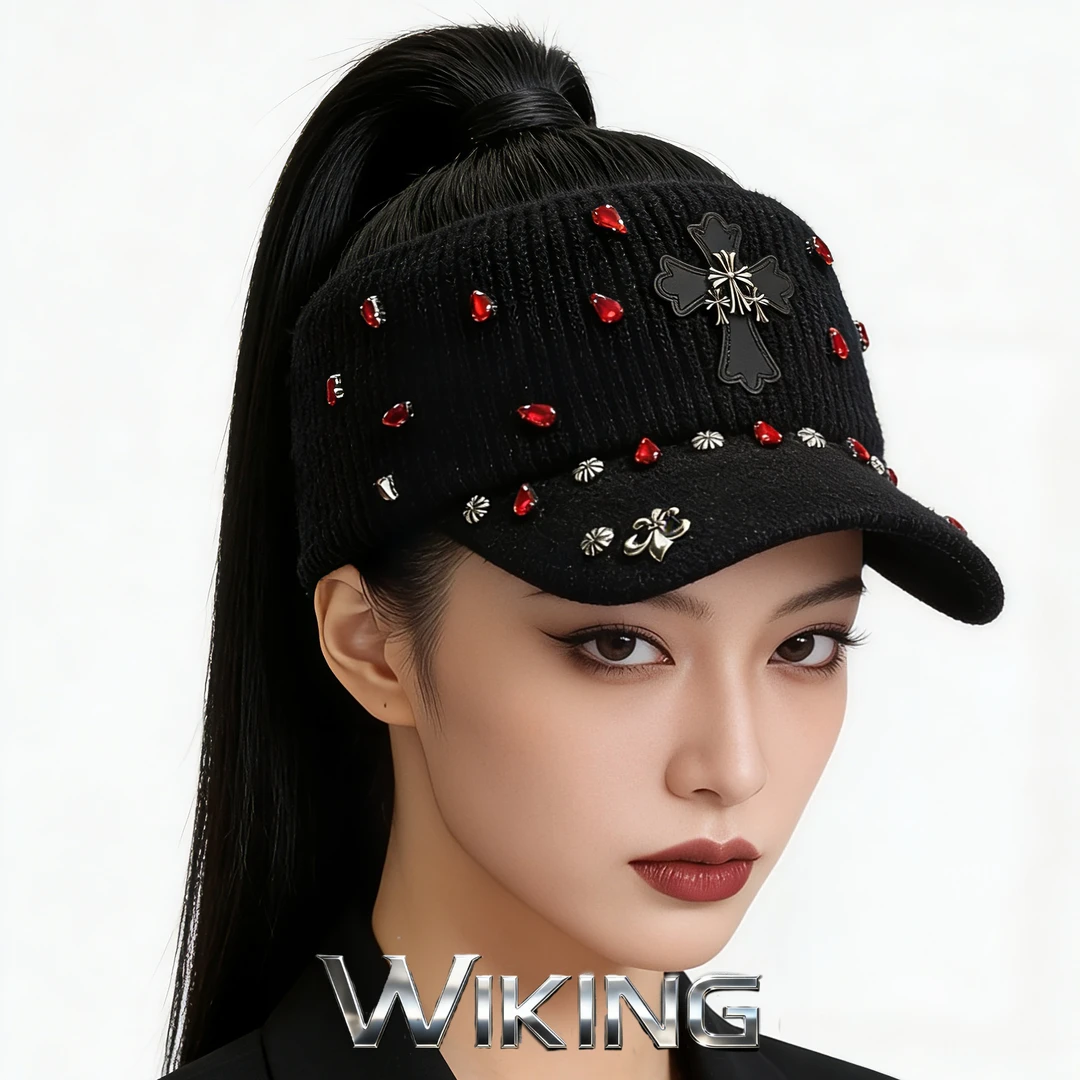 王大嘴原创 ”红钻水滴“秋冬时尚黑红配色手工空顶帽M169