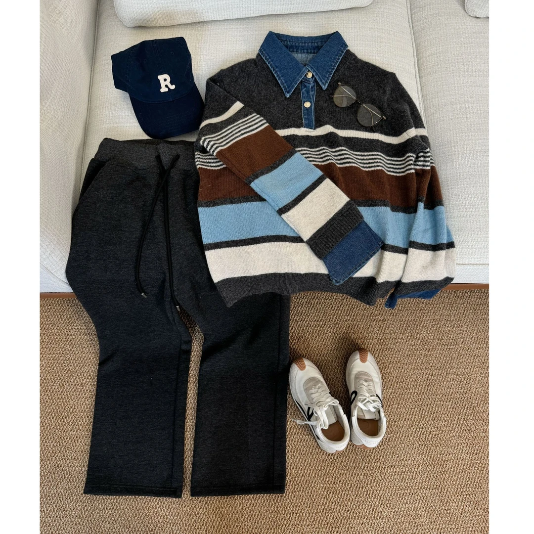 JIAO.AO 翻领百搭彩色条纹拼接老钱风休闲毛针织Y8640