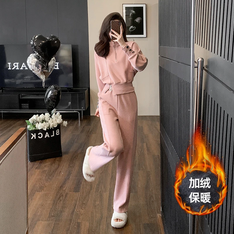 欧货网红减龄粉色时尚套装女秋冬洋气显瘦休闲卫衣卫裤运动两件套